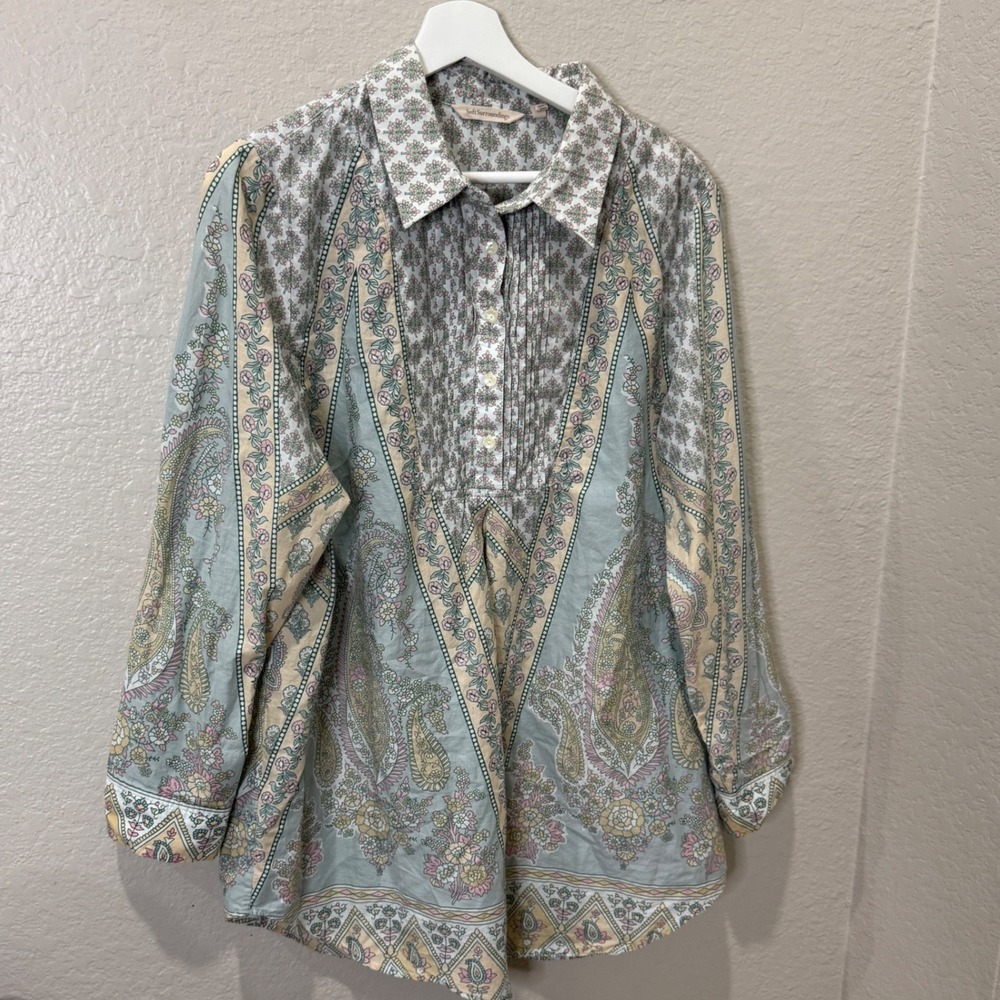 Soft Surroundings 1X Cotton Paisley Tunic Blouse Boho Floral Pintuck Cottagecore